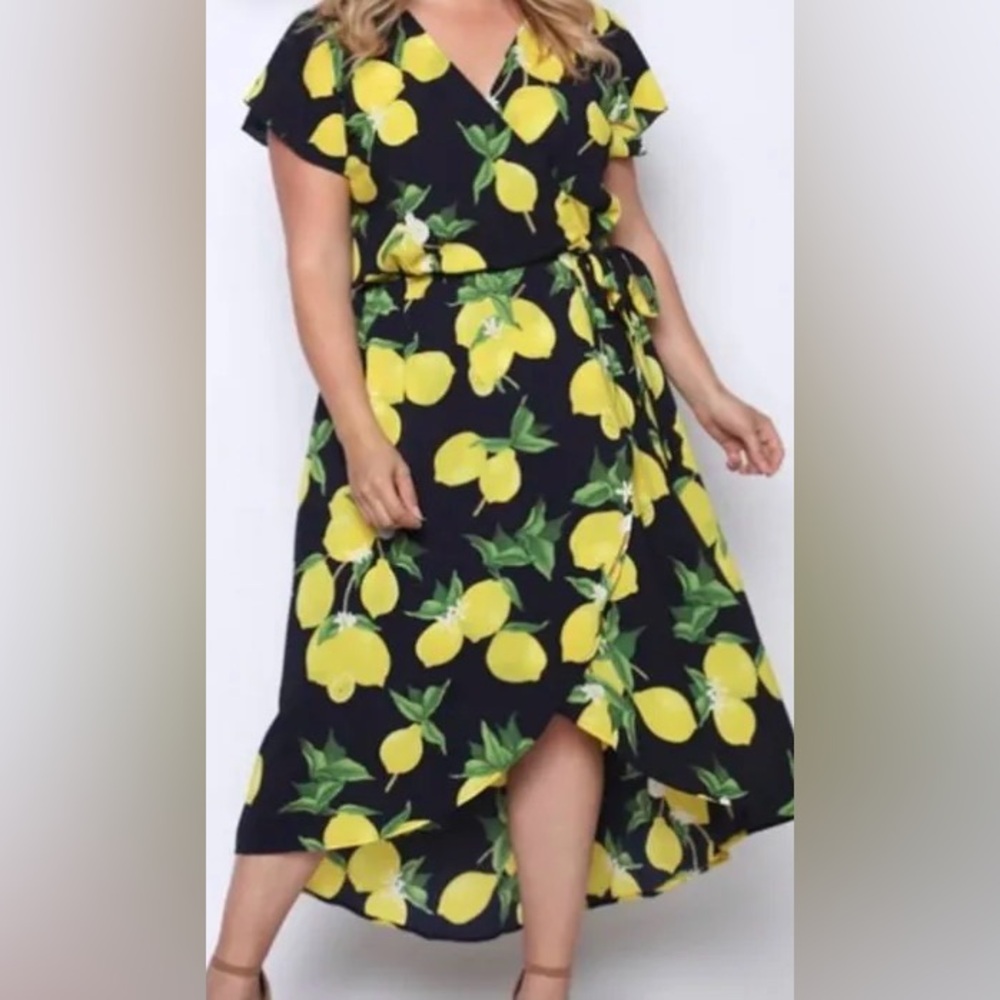 NWT -Chicwish Navy and Yellow Lemon Print Wrap Midi Dress